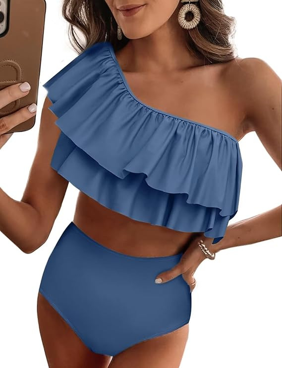 VIMPUNEC Ruffle One Shoulder Swimsuits for Women Striped High Waisted Two Piece Bathing Suits | Amazon (US)