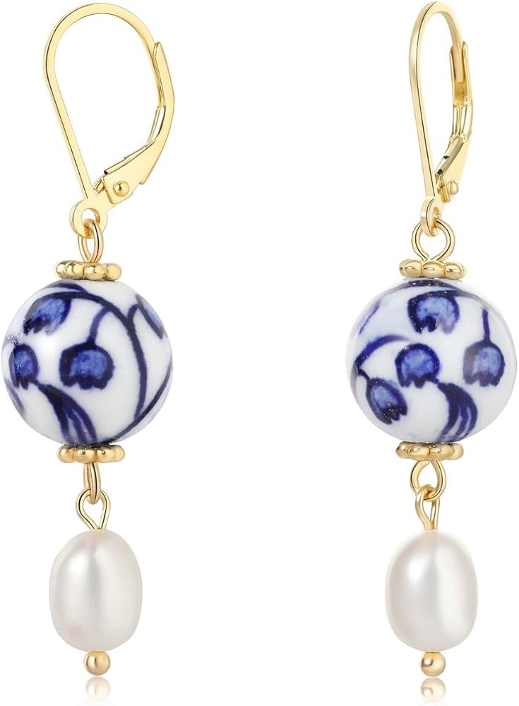 Hand-Painted Blue and White Porcelain Earrings – Freshwater Pearl Drop, 925 Sterling Silver, Vi... | Amazon (US)