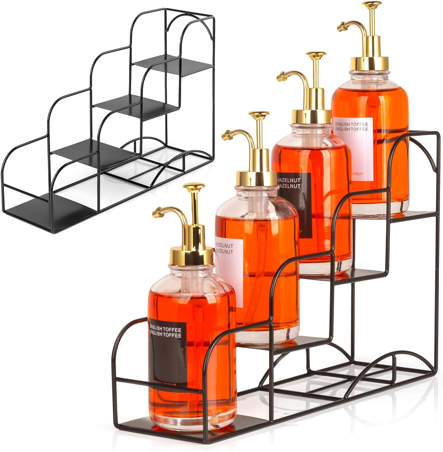 Syrup Rack for Coffee Bar Accessories, Iron 4 Compartment Bottle Organizer, Countertop Display St... | Amazon (US)
