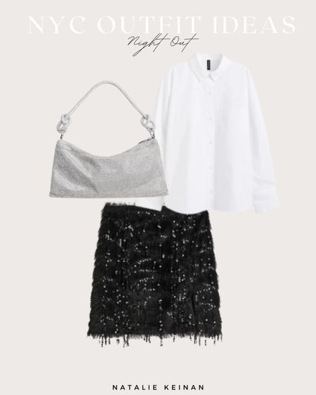 NYC night out outfit!! Sparkly bag. White button down. Sparkly black mini skirt. 

#LTKSeasonal #LTKstyletip #LTKCyberweek