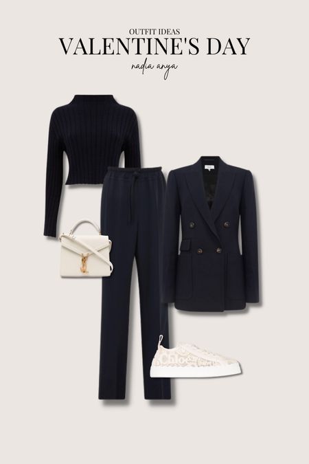 Valentine’s Day outfit ideas - perfect for a more causal, cosy date night at the pub. Reiss navy blue wide leg trousers, rib knit jumper & smart blazer, ysl cream handbag & Chloe Lauren cream lace trainers  

#LTKitbag #LTKshoecrush #LTKstyletip