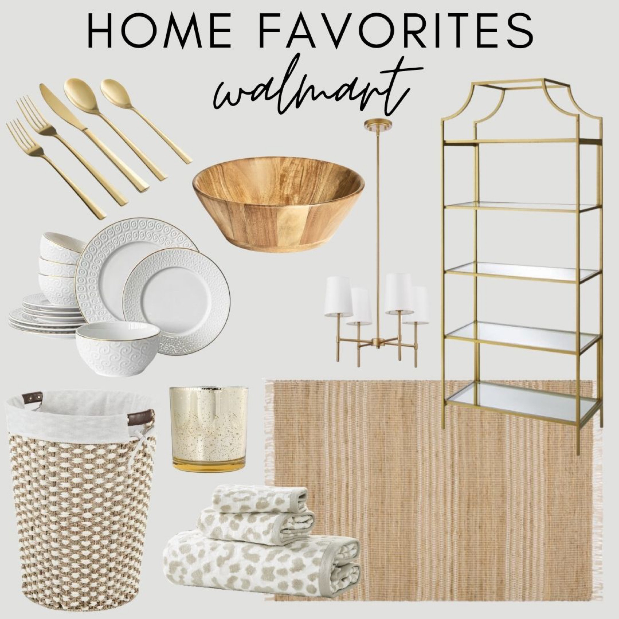 Walmart Home Favorites 
Rugs
Baskets 
Towels 
Dishes 
Silverware 
Lighting 
Shelf 
Wood salad bowl 

#LTKFind #LTKhome