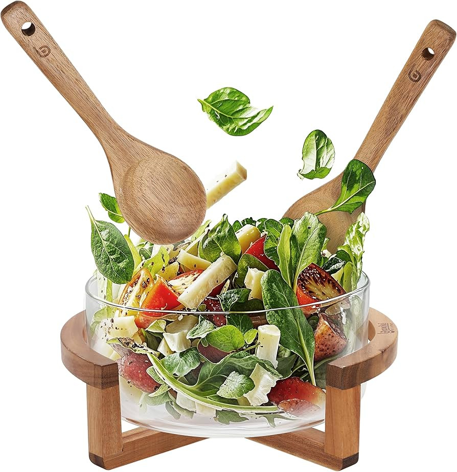 Large Glass Salad Bowl Set with Acacia Wood Serving Spoon & Fork – 11 Inch Salad Mixing & Servi... | Amazon (US)