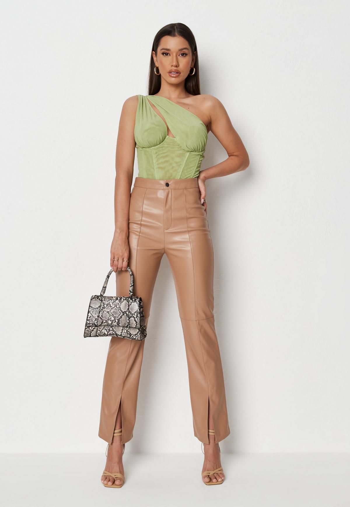 Missguided - Mocha Faux Leather Split Front Straight Leg Pants | Missguided (US & CA)