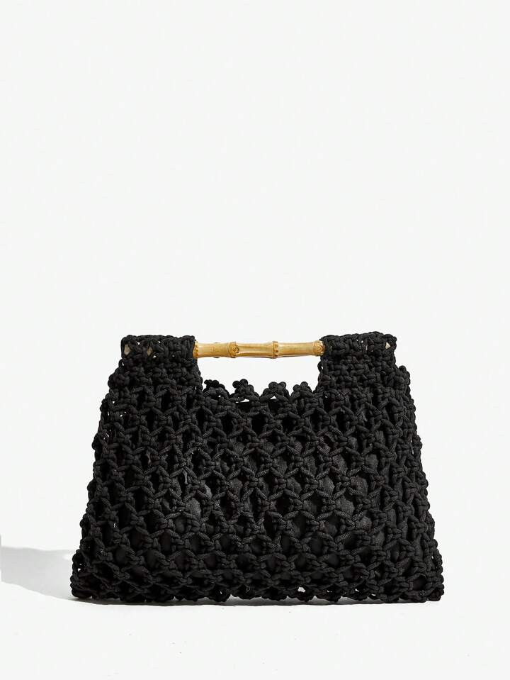 SHEIN SXY Ladies, Women Top Handle Bags, Woven Bags, Crochet, Fashionable, Elegant, Simple, Personalized, Versatile, Wooden Handles, For Beach, Vacation, Holiday, Summer | SHEIN