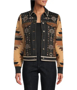 Denim Faux Suede Knit Jacquard Point Collar Long Sleeve Embroidered Button Front Jacket | Dillard's