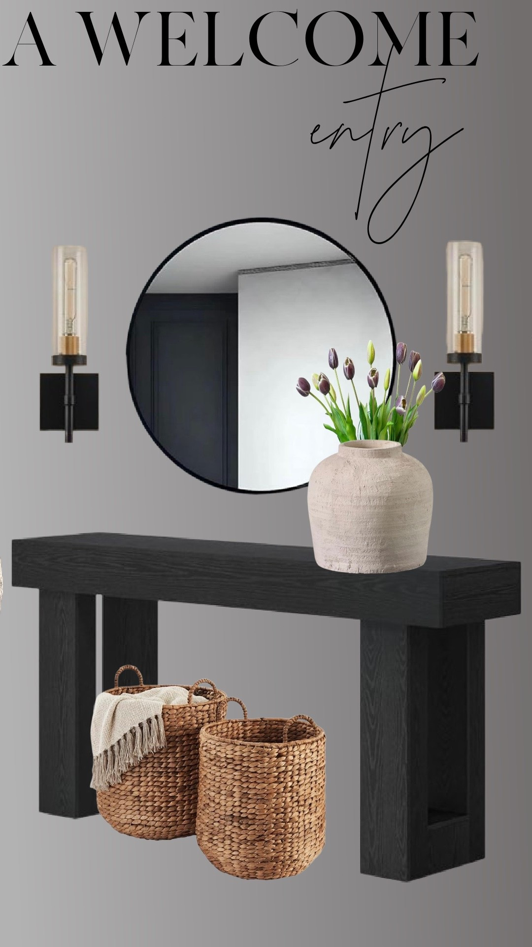 Everything you need for a warm, modern entryway. I love mixing black wood, soft neutrals, and woven textures to create an entry that feels both clean and inviting. Linking this console table, round mirror, sconces, vase, and baskets.

#LTKHome #LTKSaleAlert