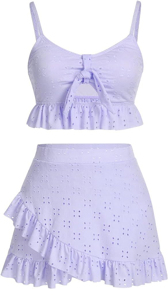 IMEKIS Women 3 Pieces Beach Swimsuit Ruffle Tropical Bikini Swimsuit with Cover up Wrap Skirt Tho... | Amazon (US)