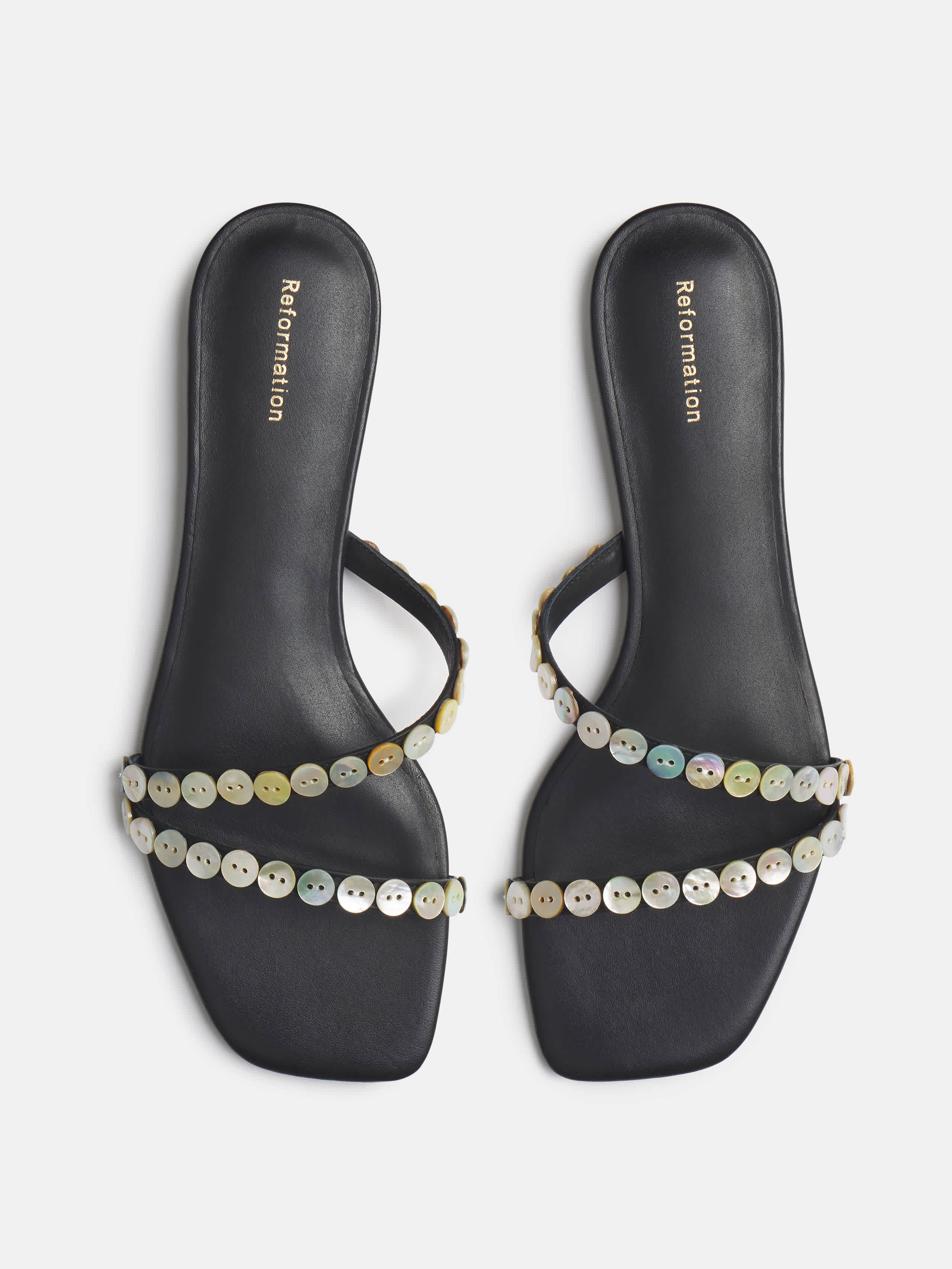 Reformation Shoshana Flat Sandal Black Leather Shell Buttons 9.5 | Reformation (Global)