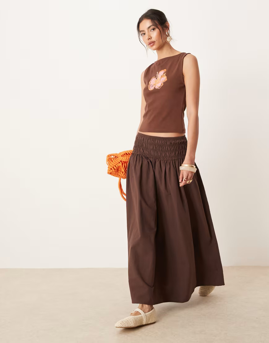 ASOS DESIGN shirred waist maxi skirt in chocolate-Brown | ASOS (Global)