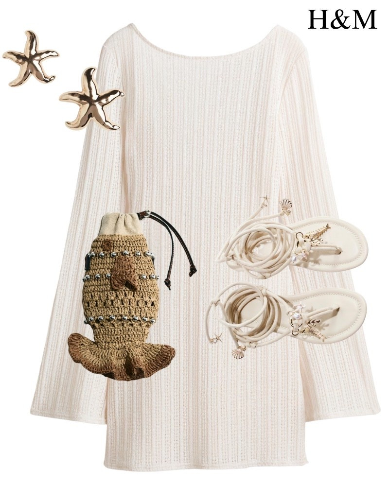 H&M new arrivals. Fish purse, charm sandals, starfish gold earrings, beach cover up, crochet dress, spring, summer outfits, resort.

#LTKSwim #LTKootd