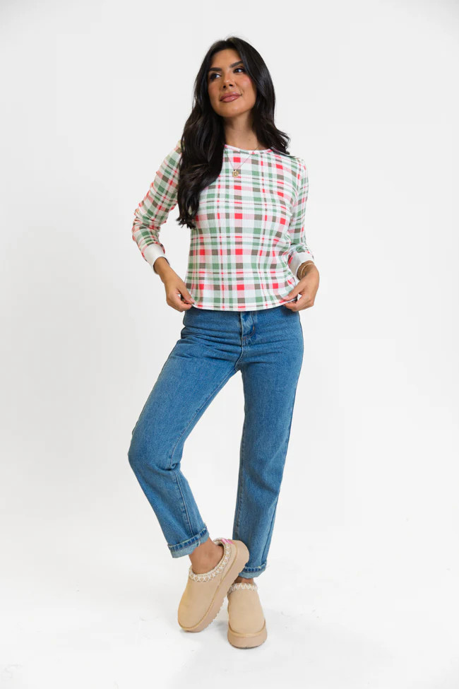 Lazy Plaid Ivory, Red, and Green Print Waffle Layering Top | Pink Lily
