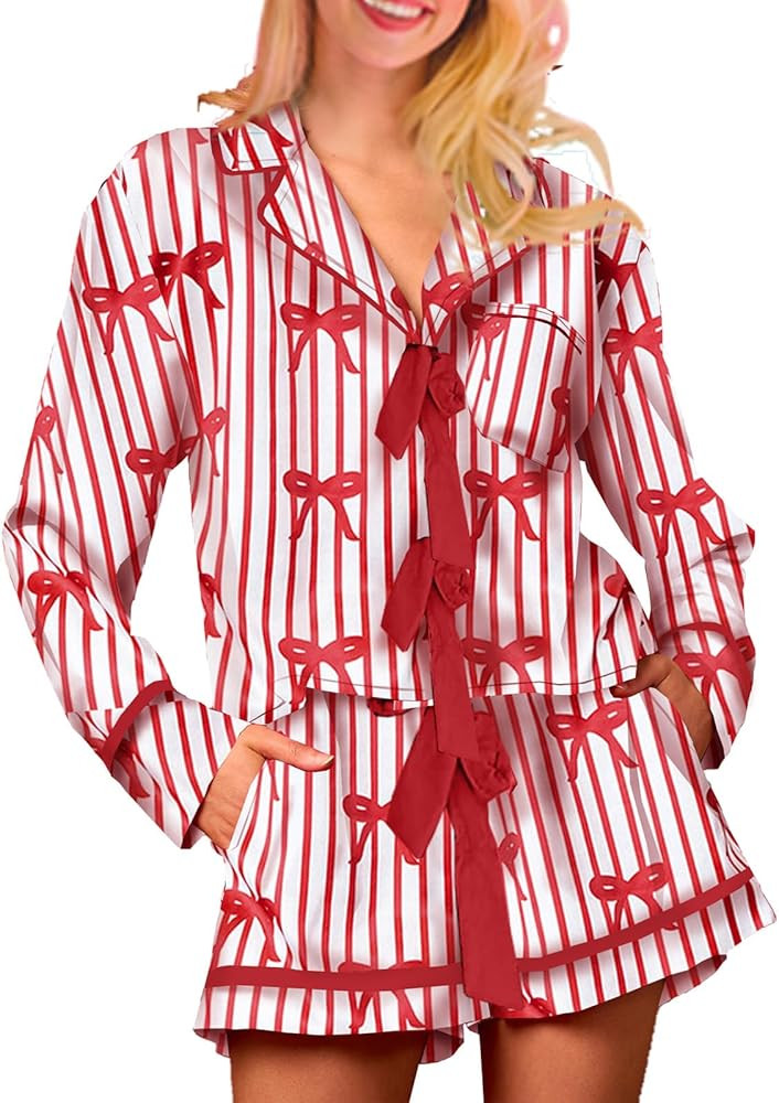 Thopavenoir Women Valentine's Day Pajamas Set 2 Piece Bow tie Pjs Set Tie front Love Heart Printi... | Amazon (US)