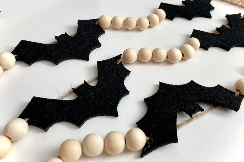 Halloween Black Felt Bats and Wood Beads Garland for Fireplace Mantel / Spooky Wall Decor Banner ... | Etsy (US)