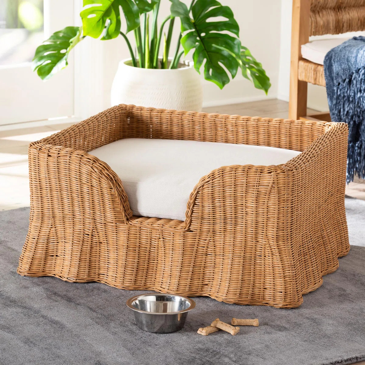Bali & Pari Belita Natural Rattan Pet Bed With Scalloped Base - Handwoven Wicker Enclosed Lounge ... | Wayfair North America
