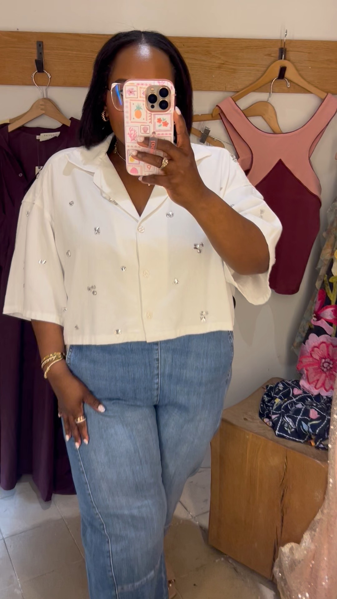 Rhinestone crystal cropped white button up from Anthropologie! Size down one. 

#LTKMidsize #LTKSaleAlert #LTKPetite