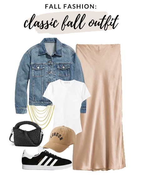 Classic fall outfit idea! The perfect way to style a satin slip skirt for fall! 

#casualfall #slipskirt 

Fall fashion. Fall slip skirt. Denim jacket. London baseball cap. Gazelle sneakers  

#LTKfindsunder100 #LTKSeasonal #LTKstyletip