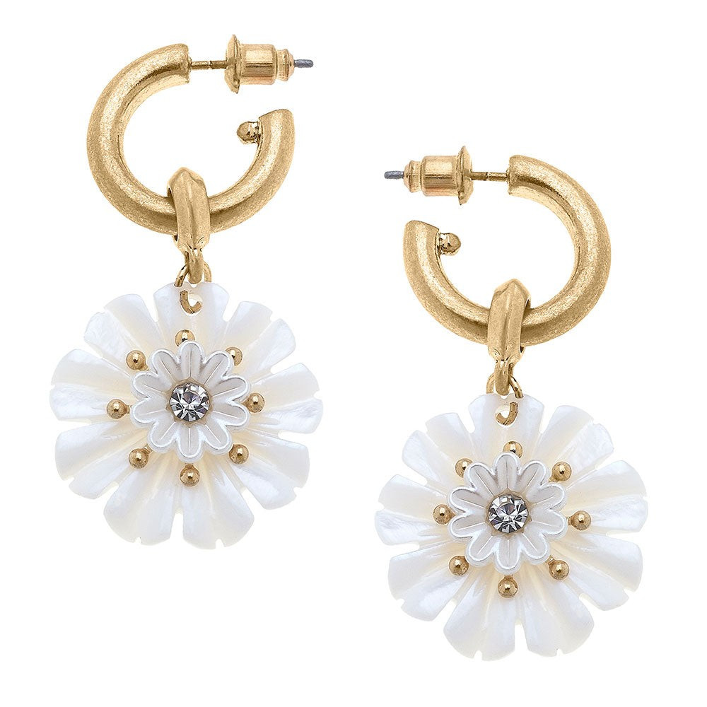Eleanor Mother of Pearl Flower Drop Hoop Earrings in Ivory | CANVAS