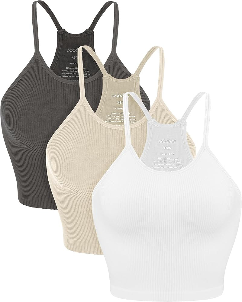 ODODOS Women's Crop 3-Pack Washed Seamless Rib-Knit Camisole Crop Tank Tops | Amazon (US)