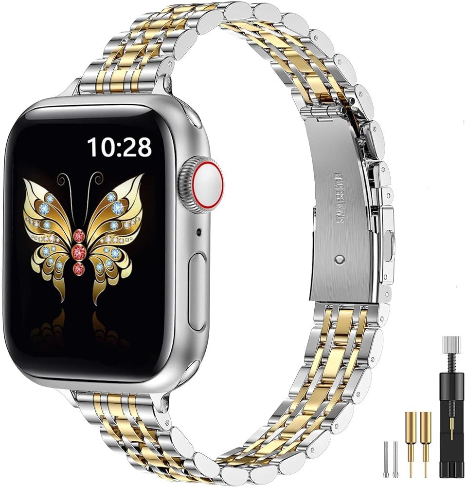 MioHHR Slim Band Compatible with Apple Watch Band 38 mm 40 mm 41 mm 42 mm 44 mm 45 mm, Thin Stainles | Amazon (US)