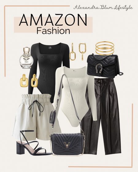 Amazon fashion! Amazon date night outfit idea! Work wear! Long sleeve body suit, leather pants, leather shorts, crossbody plush purse, gold bangles, gold earrings, perfume, and black heels! Amazon best sellers! Amazon finds! Amazon favorites! Girls night out outfits! 

#LTKFestival #LTKitbag #LTKSeasonal