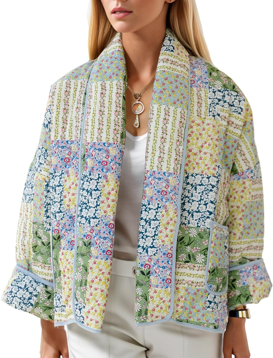 Duyang Women's Cropped Puffer Jacket Lightweight Floral Printed Open Front Quilted Coat Winter Wa... | Amazon (US)