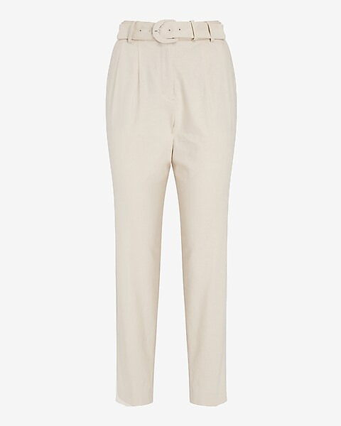 Super High Waisted Linen-Blend Belted Ankle Pant | Express