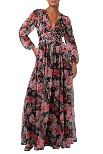 Lulus Pearl Long Sleeve Floral Maxi Dress for Women – Plunging V-Neck A-Line Dress with Functional Button Front Burgundy | Amazon (US)
