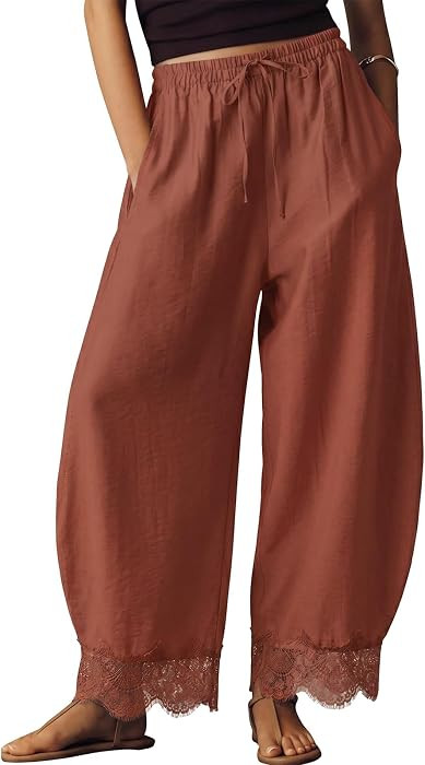 EXLURA Women Cotton Lace Trim Wide Leg Pants Summer Casual Cropped Drawstring Elastic Waist Light... | Amazon (US)