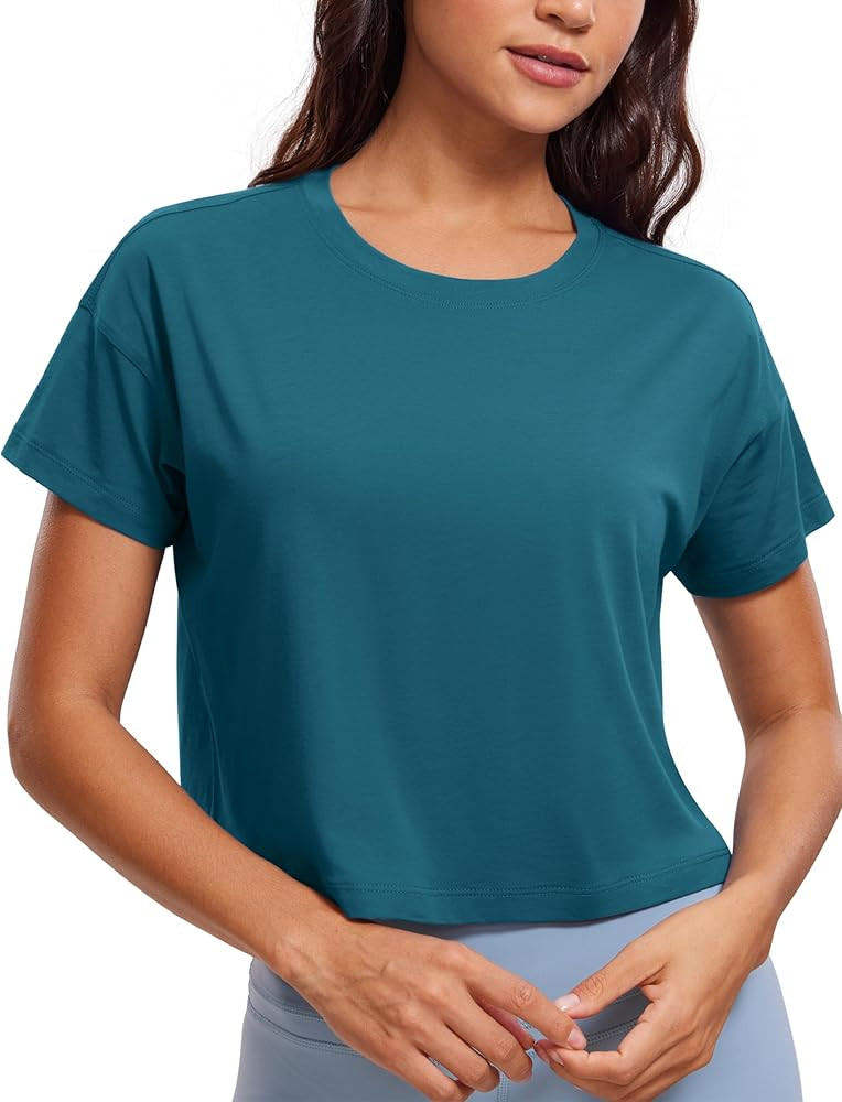 CRZ YOGA Women's Pima Cotton Workout Short Sleeve Shirts Loose Crop Tops Athletic Gym Shirt Casua... | Amazon (US)