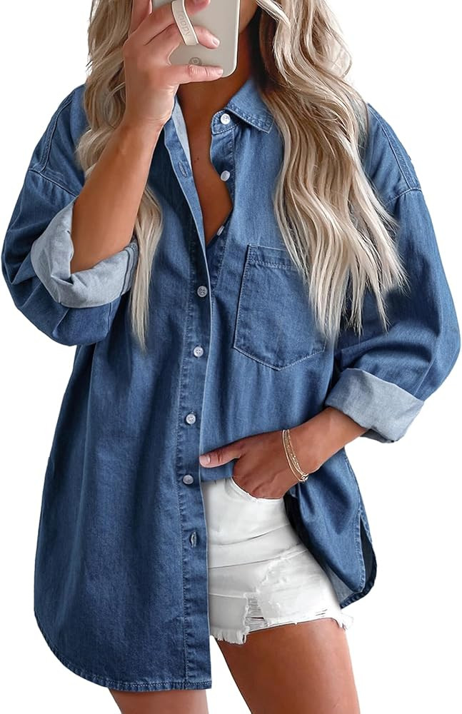 Astylish Women 2024 Denim Shirt Button Down Blouse Long Sleeve V Neck Casual Tops | Amazon (US)