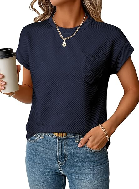 EVALESS Womens Summer Tops Crewneck Cap Sleeve Dressy Casual Business Textured Solid Loose Basic ... | Amazon (US)