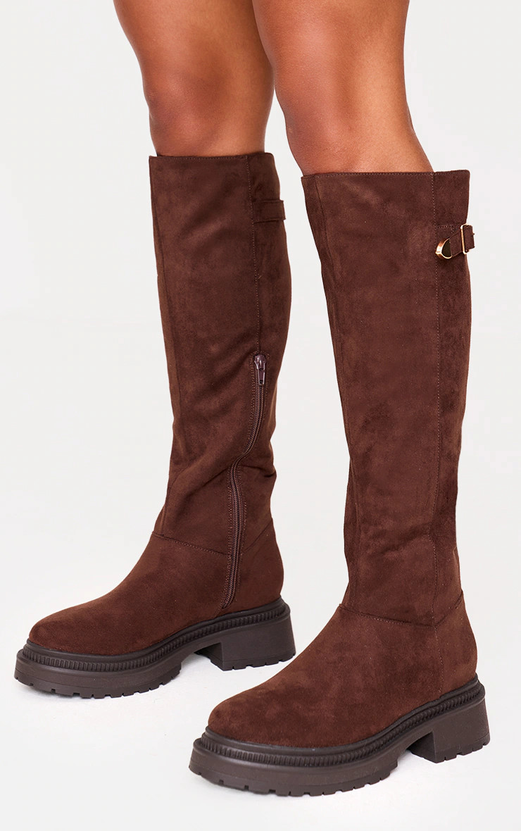 Chocolate Faux Suede Round Toe Chunky Sole Knee High Boots | PrettyLittleThing UK