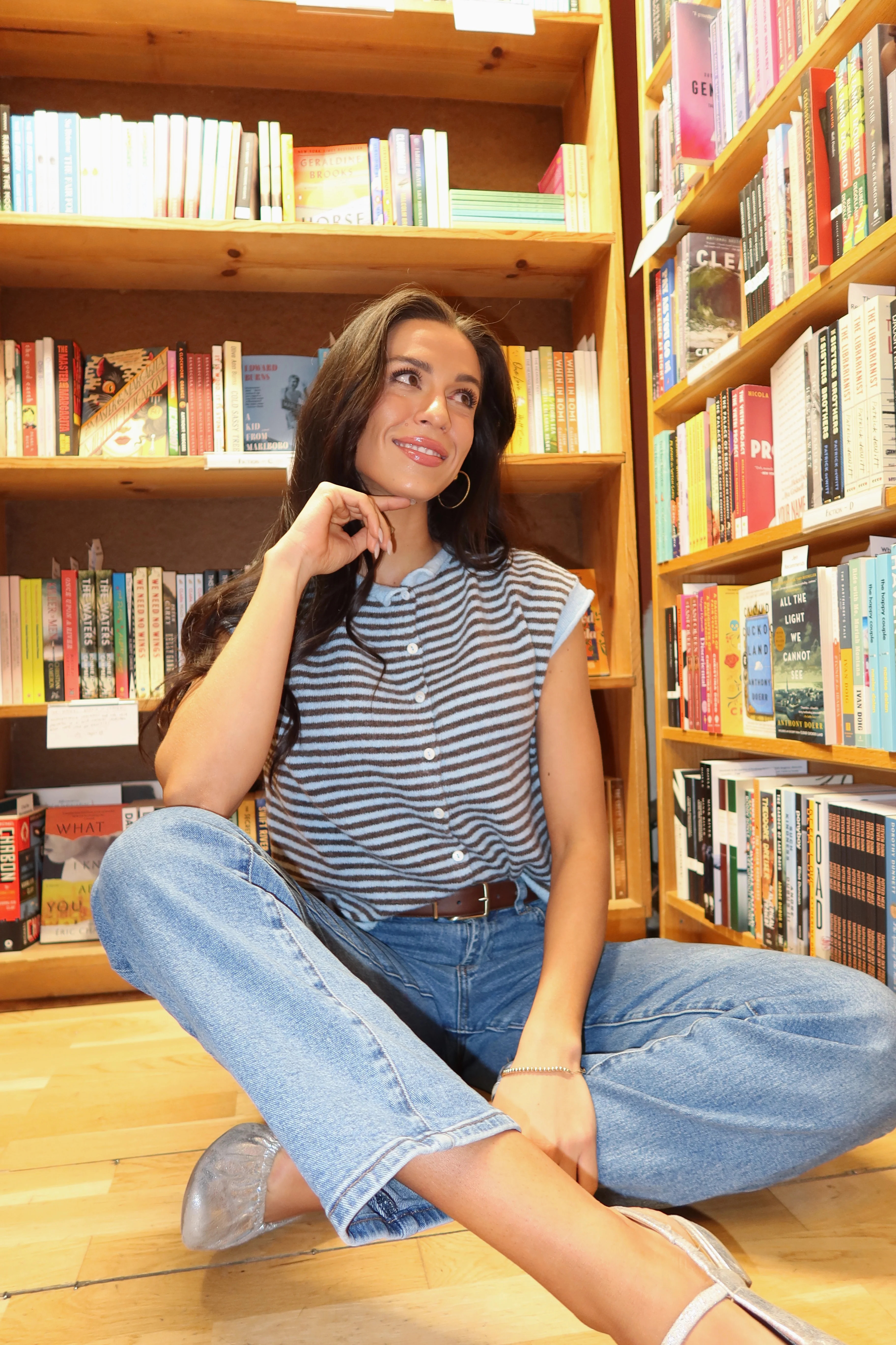 Piper Short Sleeve Cardigan in Blue/Brown Stripe | Henly