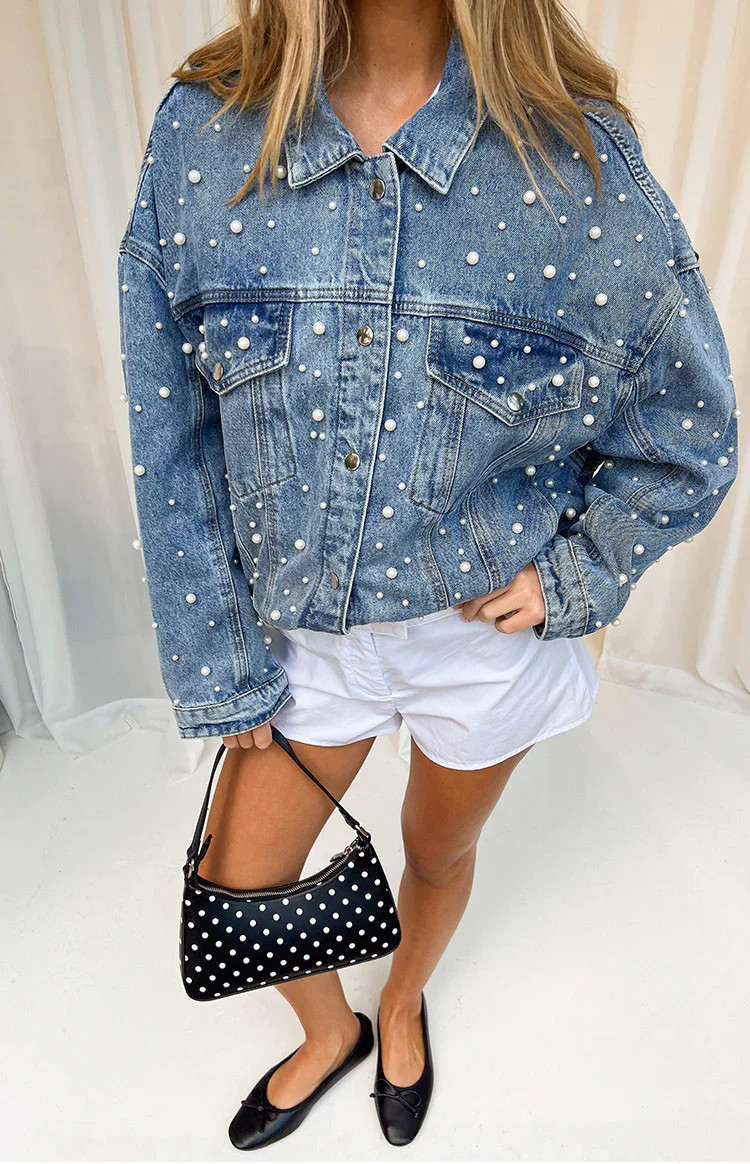 Denim Dazzle Pearl Mid Wash Denim Jacket | Beginning Boutique | Beginning Boutique (US)