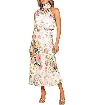Petal Pup Anabelle Floral Print Satin Halter Neck Sleeveless Midi Dress - L | Dillard's