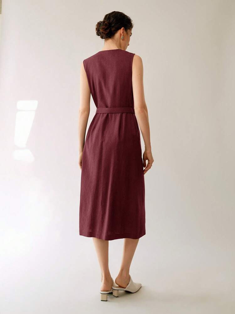 Uhlyne Fall Women Clothes Women Casual Elegant Sleeveless Linen Midi Dress With Self-Tie Belt Wom... | SHEIN