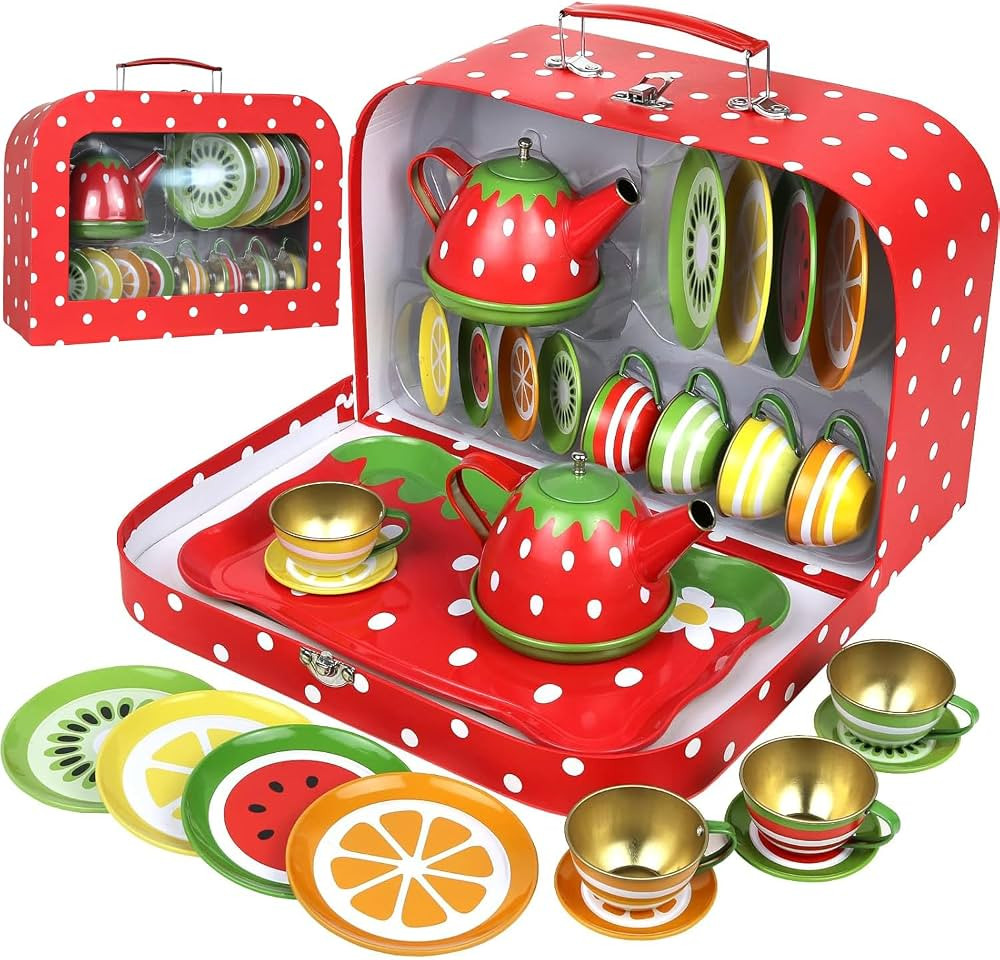 Tea Set for Little Girls, Pretend Play Tea Party Set, Fruit Design Kids Tin Tea Set with Carrying... | Amazon (US)