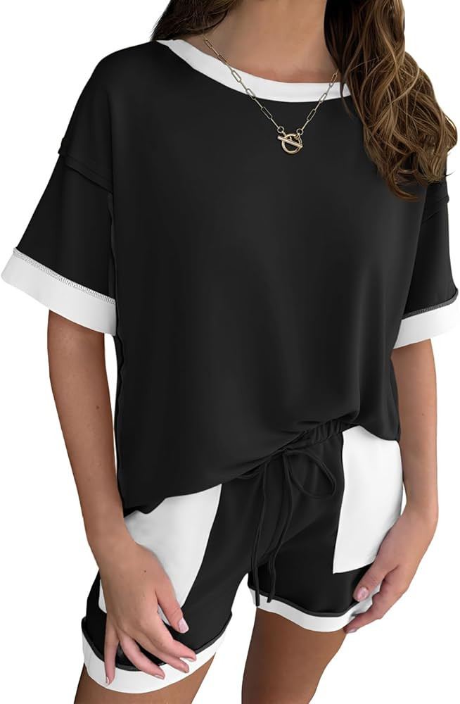 Fisoew Womens Summer 2 Piece Outfits Sweatsuits Oversized Sweatshirt Shorts Casual Color Block Lo... | Amazon (US)