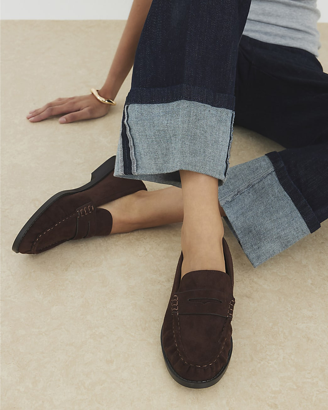 Brown Faux Suede Ruched Loafers | River Island UK & IE