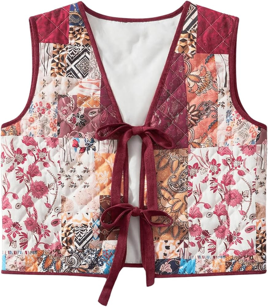SweatyRocks Women's Floral Print Padded Vest Jacket Bow Tie Front Sleeveless Gilet Puffer Coat | Amazon (US)