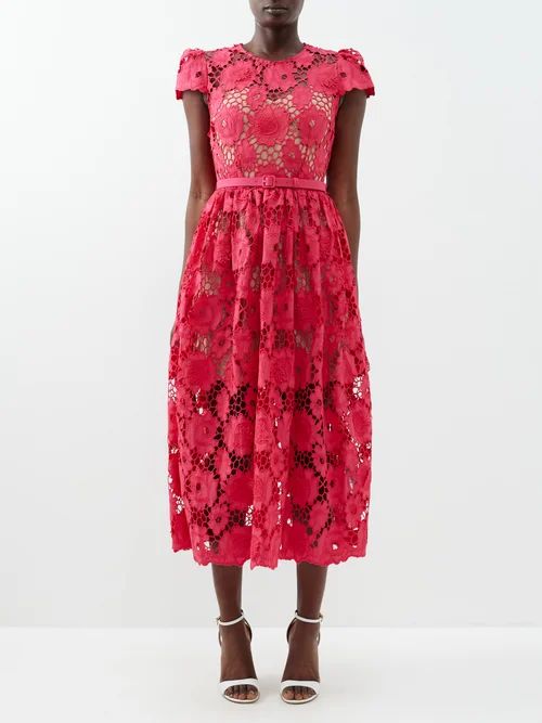 Self-portrait - Poppy Floral-embroidered Cotton-lace Dress - Womens - Red | Matches (US)