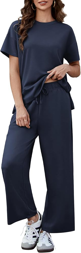 PINSPARK 2 Piece Sets for Women Soft Short Sleeve Matching Lounge Set Wide Leg Pants Tracksuit Tr... | Amazon (US)