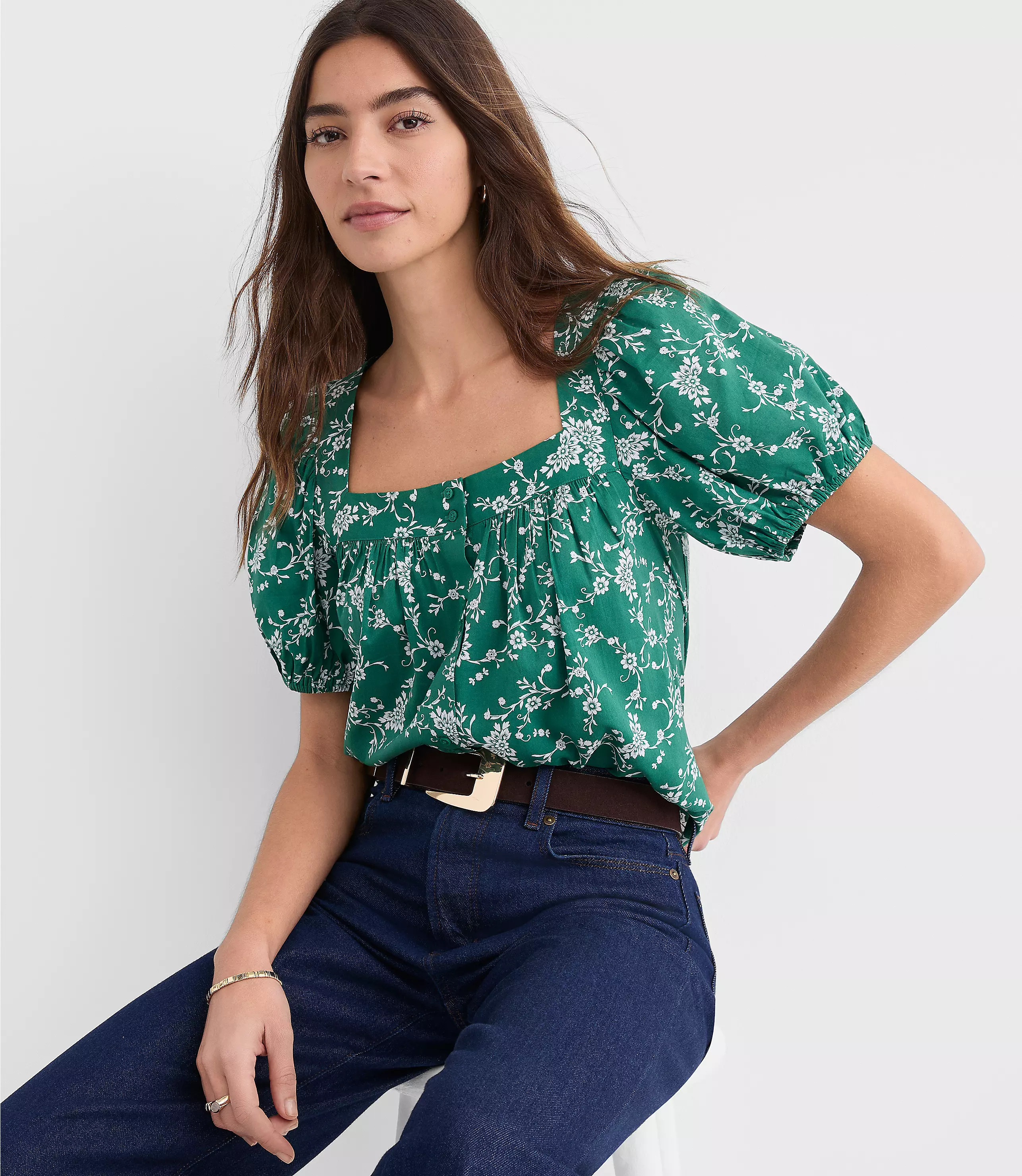 Petite Bouquet Puff Sleeve Square Neck Blouse | LOFT