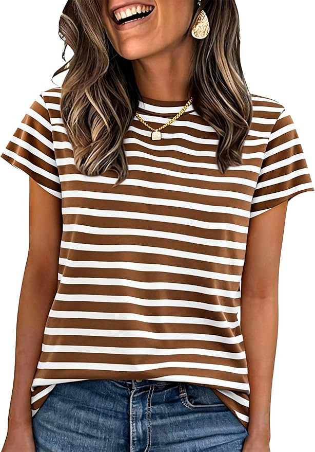 PEHEMA Women's Cotton Striped Short Sleeve T-Shirt - Soft Crew Neck Casual Summer Tops for Work W... | Amazon (US)