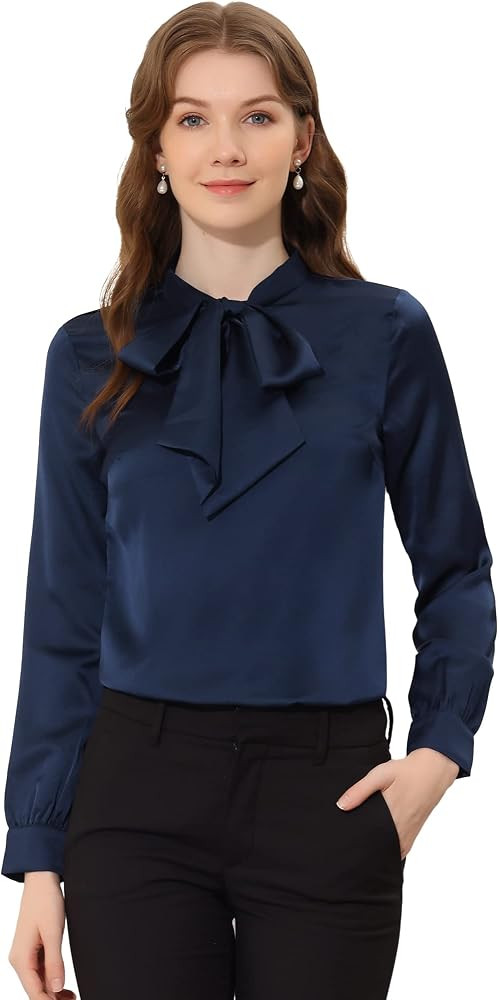 Allegra K Satin Blouse for Women's Bow Tie Neck Solid Work Office Shirt | Amazon (US)