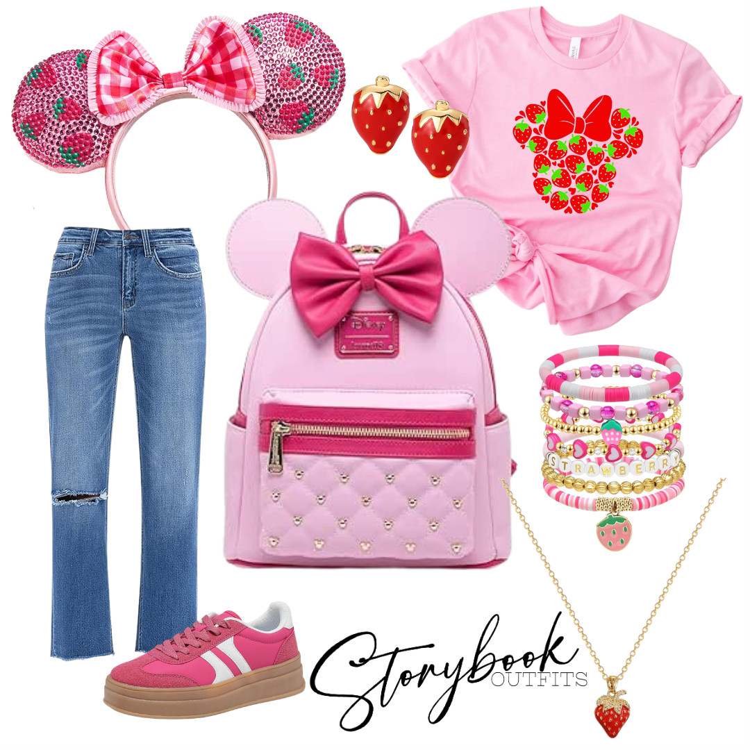 Strawberry sweet and Minnie chic 🍓💖

This playful pink park outfit is perfect for sunny Disney days—featuring adorable strawberry details, comfy denim, and the cutest Minnie backpack to tie it all together! 

 #LTKTravel