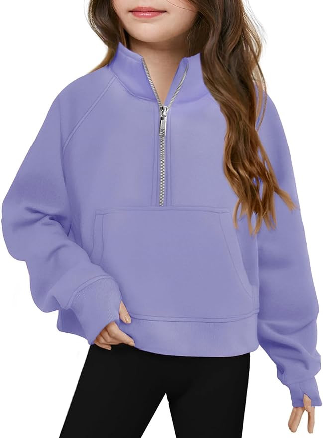 Haloumoning Girls Half Zip Sweatshirt Long Sleeve Pullover Crop Tops Kids Lightweight Fleece Fash... | Amazon (US)