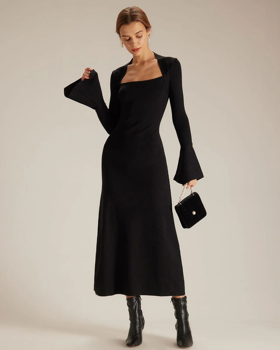 The Black Square Neck Flare Sleeve Midi Dress | rihoas.com