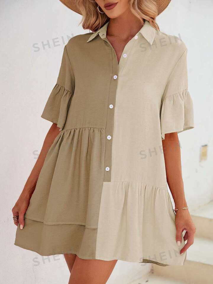 SHEIN LUNE Two Tone Ruffle Hem Smock Dress | SHEIN
